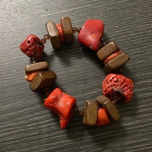 Red Coral & Wood Beaded Stretch Bracelet